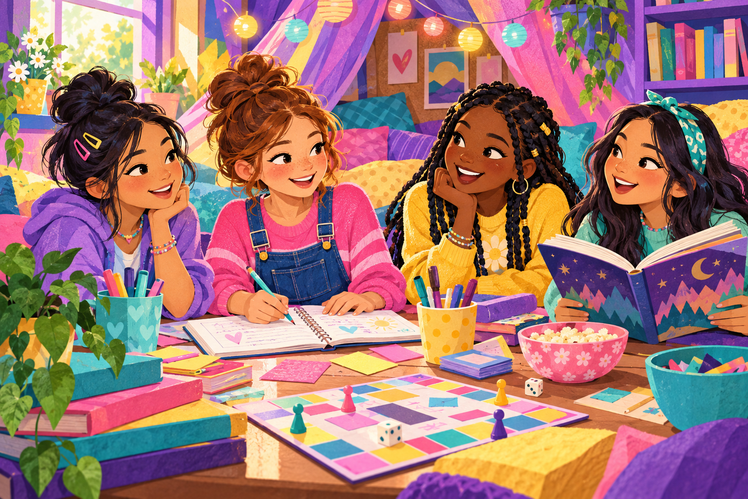Illustration of four friends planning activities together in their colorful clubhouse